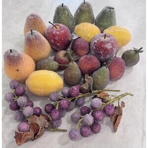 Crystal Beaded Sugared Faux Fruit MCM Apples Grapes Lemons Pears, Lot Of 22 Vtg